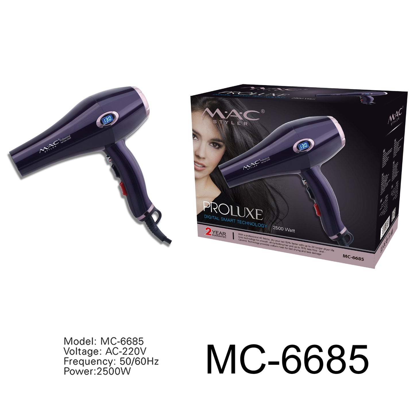 PRO Luxe Salon Hair Dryer Blower Purple and Silver MC6685