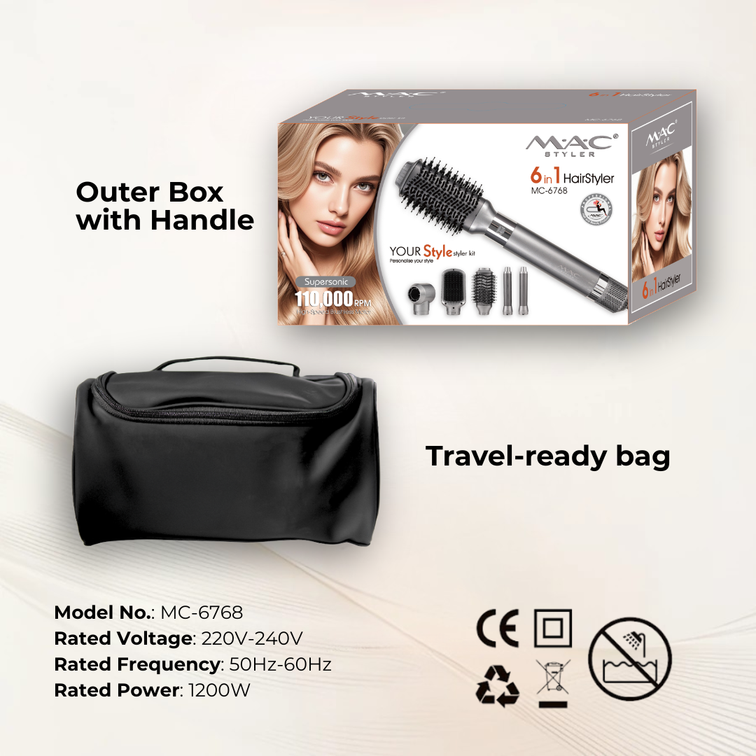 6 in 1 Hair Styler Supersonic Portable Multi Attachment Set for Travel MC6768