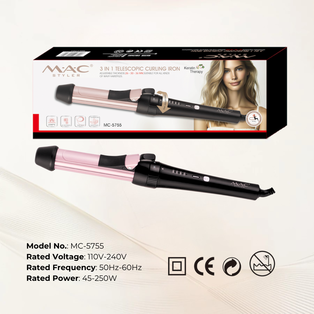 3 in 1 Telescopic Professional Salon Curling Iron with Adjustable Thickness MC5755