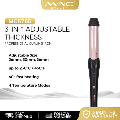 3 in 1 Telescopic Professional Salon Curling Iron with Adjustable Thickness MC5755