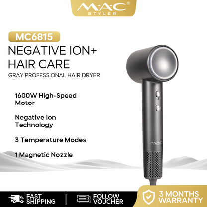 Negative Ion+ Hair Care Gray Professional Hair Dryer Blower MC6815