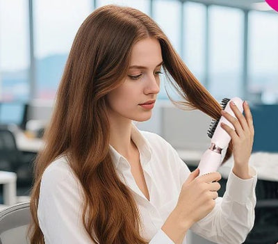 Woman using a hair straightener in an office setting used for 'Others' category